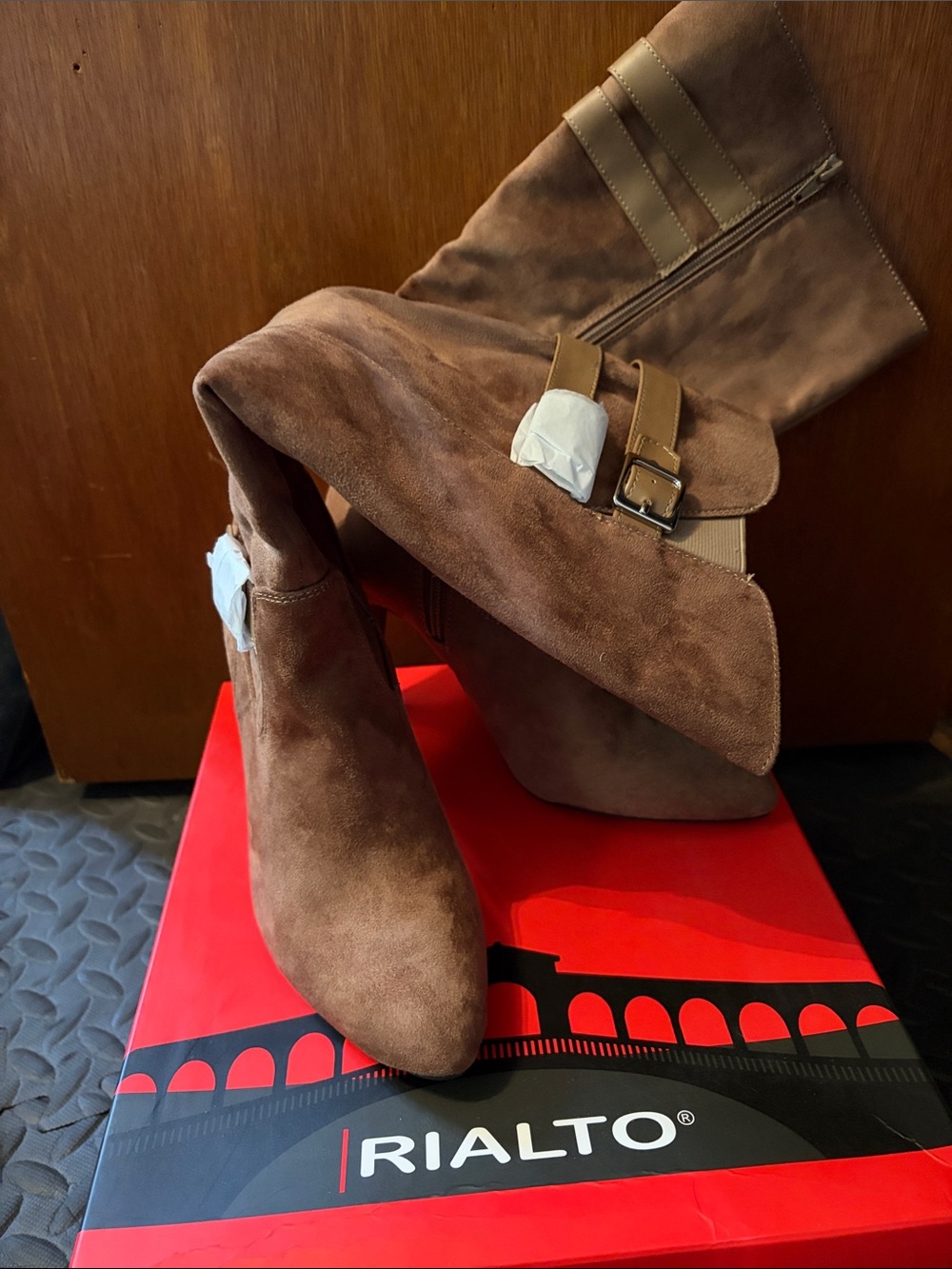 Rialto Tan Brown Suede Wedge Ankle Boots with Buckle Strap